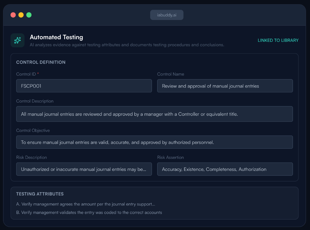 IABuddy automated control testing interface with testing procedures, evidence, and sample results