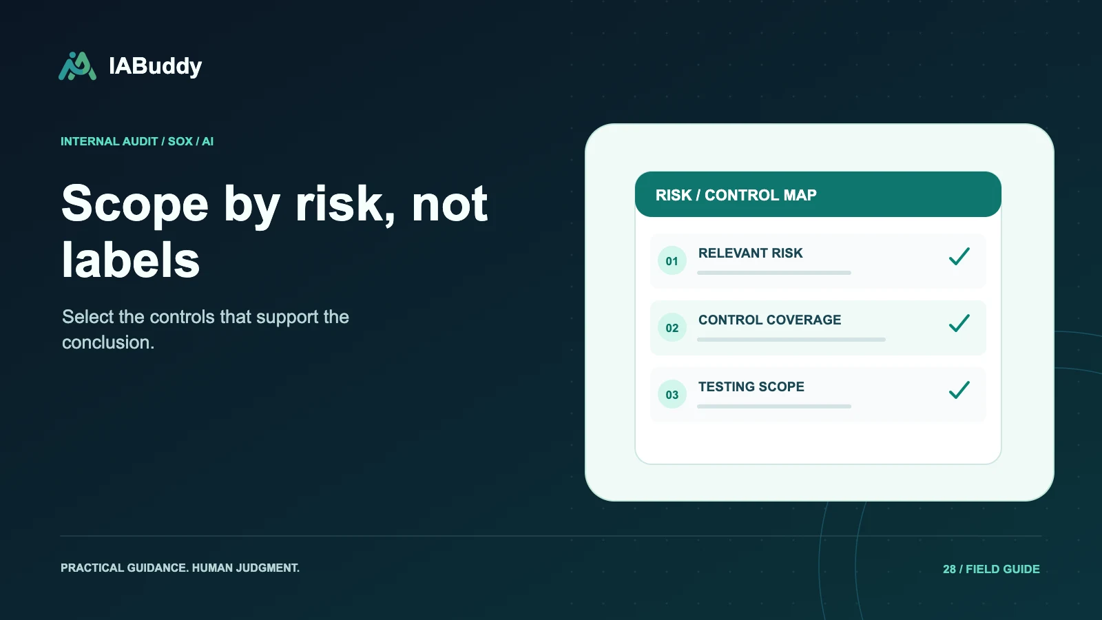 Illustration for Scope by risk, not labels: relevant risk, control coverage, testing scope.